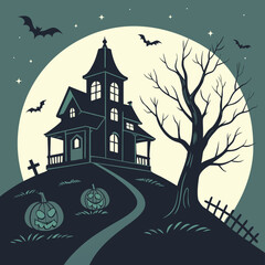 Haunted House on a Hill with Full Moon and Bats Halloween