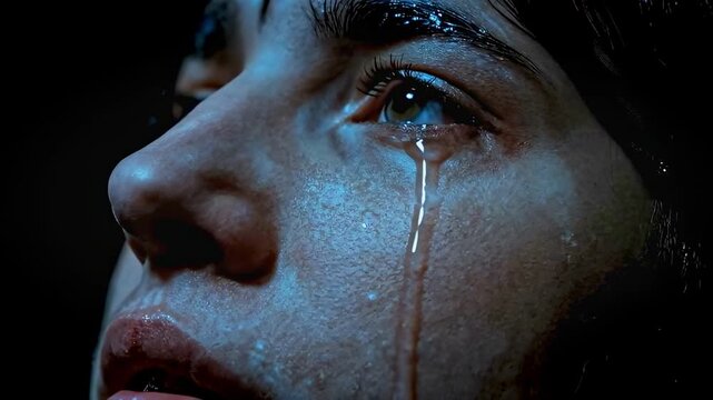 A person's face partially obscured by shadow, with a single tear. Regret, guilt, criminal, consequences, legal.