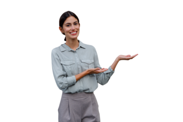 Young woman presenting business solution with open hands on transparent background, offering product or service