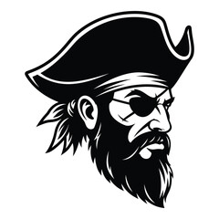 Ferocious pirate head with eyepatch and tricorne hat bold monochrome graphic symbolizing adventure silhouette