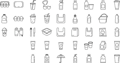 Plastic icons, packaging symbols, bottles graphics, containers illustrations, disposable items, recycling icons, cups, bags, food packaging, drink containers, eco alternatives