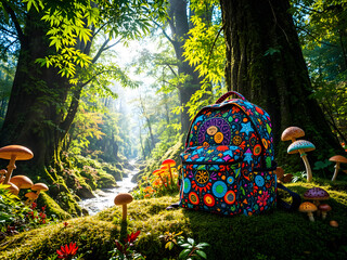A backpack with a colorful design sits on a mossy forest floor
