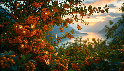 A tree with orange berries and butterflies flying around it