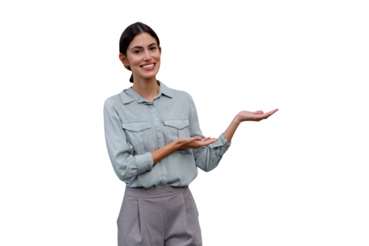 Young woman presenting business solution with open hands on transparent background, offering product or service - Powered by Adobe