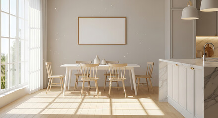 Bright and airy dining room with a blank picture frame on the wall, a white table with wooden chairs, and a kitchen island, bathed in sunlight streaming through the large window, creating a warm and i