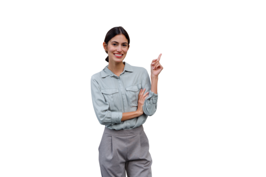 Confident businesswoman smiling and pointing up, presenting new ideas and marketing solutions, transparent background - Powered by Adobe