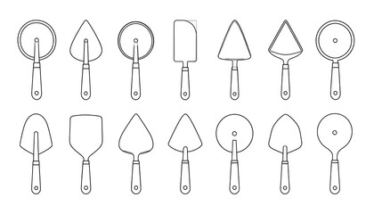 A monochrome collection of various tool shapes, including trowels and spatulas, arranged in two rows on a white background. The outline-style presentation shows the simple form