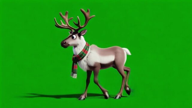 Cartoon reindeer walking with a scarf on a green screen background animation for christmas holiday christmas reindeer green screen video