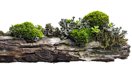 Weathered rotten branch richly adorned with lush green moss isolated on transparent background.
