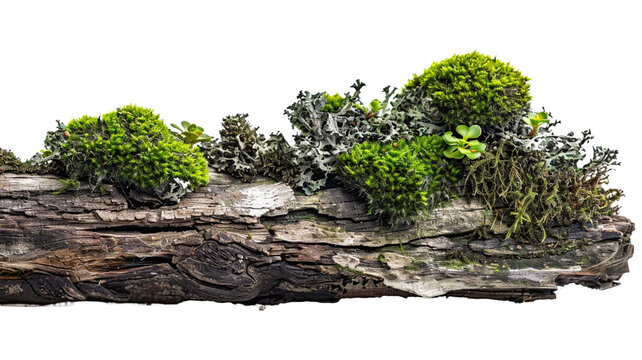 Weathered rotten branch richly adorned with lush green moss isolated on transparent background.
