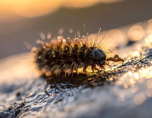 Close-up of a hairy caterpillar in sunlight