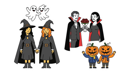 Halloween Themed Drawing: An assortment of Halloween-themed illustrations comes to life in vibrant line art. featuring a charming ensemble of witches, ghosts, a vampire couple.