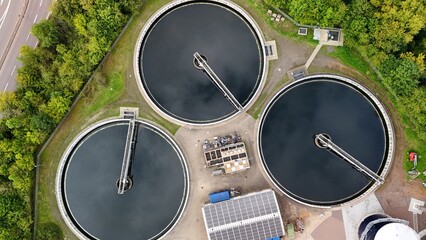 Aerial View of Modern Wastewater Treatment Plant with Circular Clarifiers