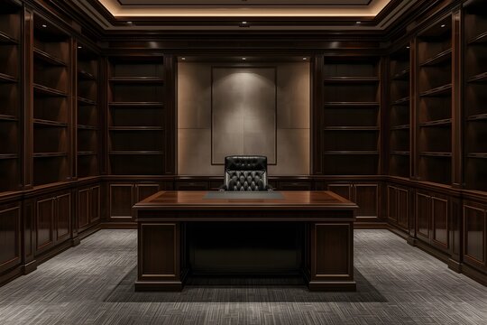 A dark wood paneled office with desk and chair - Powered by Adobe