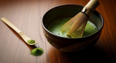 Preparing a traditional bowl of frothy matcha green tea using a bamboo chasen whisk and chashaku spoon