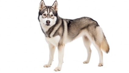 A majestic Siberian Husky stands confidently on a clean white background. its striking features and fluffy coat. ideal for animal lovers and pet enthusiasts