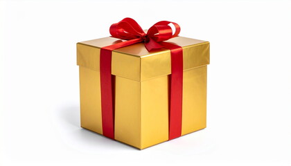 Fototapeta premium Golden Gift Box with Red Ribbon Isolated on White