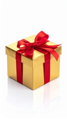 Fototapeta premium Golden Gift Box with Red Ribbon Isolated on White