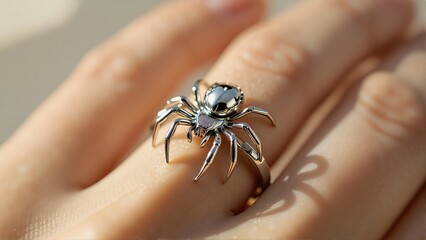 Obraz premium Close-up of spider ring on finger with shiny metallic finish, black spider-like structure. Soft natural lighting captures details, perfect for Halloween concept of fashion accessory.