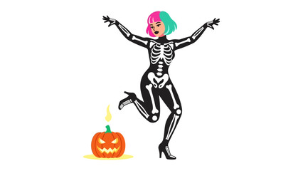 Halloween Revelry: An illustrated image captures a vibrant and spooky Halloween scene featuring a playful character clad in a skeleton costume.