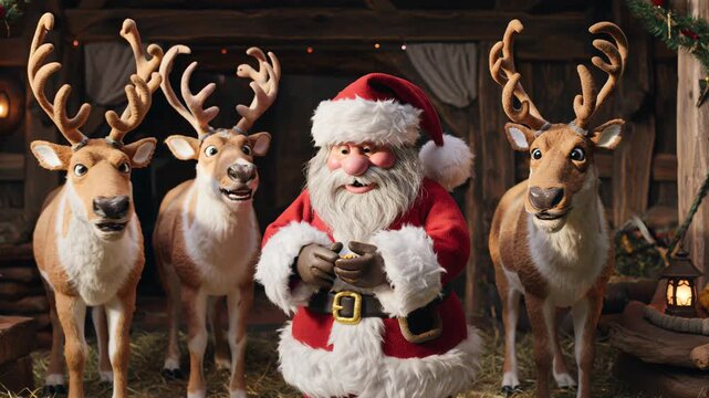 Santa Claus charmingly chats with his reindeer crew in a cozy stable, anticipating a magical Christmas Eve journey.