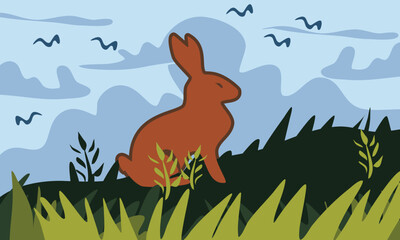 Bunny in the Mountain Meadow Illustration, Cute Rabbit Wildlife Artwork in Nature