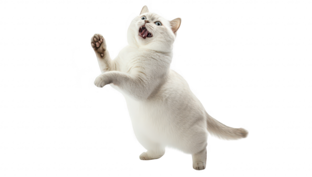 A playful white cat standing on its hind legs with an excited expression. its playful nature against a clean. white background. ideal for pet-themed content