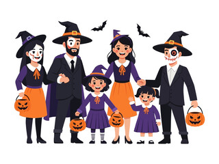 Halloween Family Portrait: A charming family dressed in creative Halloween costumes, radiating joy and unity, standing against a simple backdrop, ready for a night of spooky fun.