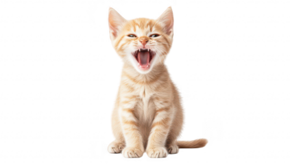 A playful orange tabby kitten sitting against a white background. with its mouth open in a playful meow. embodying the essence of youth and curiosity. ideal for pet-related content