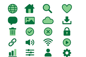 Web icon set for UI UX design. Green flat simple pictogram collection for website and mobile app. Graphic interface elements like home, search, download, settings, and user.