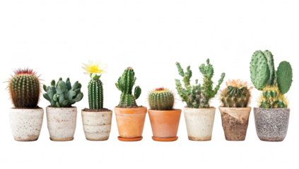 A and diverse collection of potted cacti arranged in a row. various shapes and colors. with a clean white background emphasizing their unique features. ideal for gardening enthusiasts
