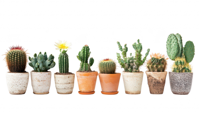 A and diverse collection of potted cacti arranged in a row. various shapes and colors. with a clean white background emphasizing their unique features. ideal for gardening enthusiasts