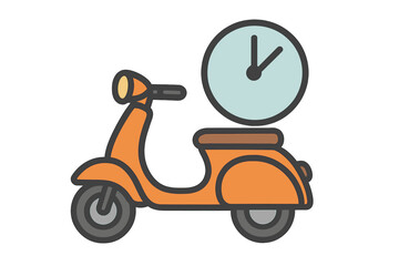 Obraz premium Fast delivery service by scooter or moped. Express shipping icon. On-time food or package delivery concept. Clock symbolizing deadline and urgency. Vector logo for logistics.