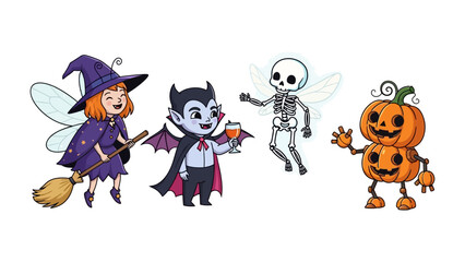 Enchanting Halloween Characters: A vibrant gathering of whimsical Halloween characters, from a witch and a vampire to a skeleton and a jack-o'-lantern, all captured with charm and fantastical detail.