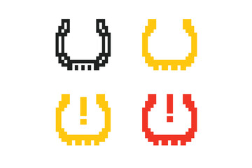 Set of tire pressure warning light icons in pixel art style. Car dashboard low pressure alert symbol collection. TPMS indicator vector illustration. 8-bit automotive flat design.