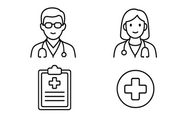 Medical line icon set with male and female doctors, clipboard, and health symbol. Physician, nurse, and practitioner avatars for web and apps. Editable stroke vector illustration.