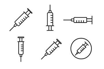 Syringe icon set for medical and healthcare concepts. Vector line art of injection, vaccine, and immunization. Simple pictograms for web, ui, ux, mobile apps, and design.