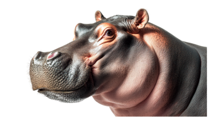 Hippo with serene expression is depicted on transparent background showcasing its textured skin and prominent features