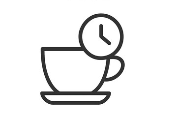 Coffee break time icon. Tea cup with clock symbol. Minimalist line art vector for logo, web, and app design. Morning routine, productivity, and time management concept.