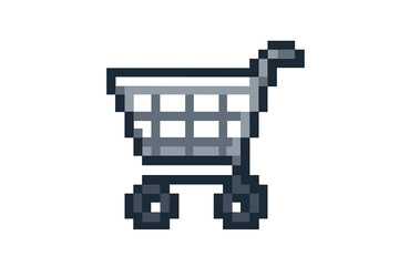 Pixel art shopping cart icon for e-commerce. Retro 8-bit video game style symbol for online store, web shop button. Buy, purchase, add to cart concept. Vector illustration.