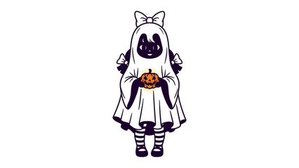 Ghost with a Pumpkin: A charming ghostly figure, adorned with a bow, joyfully holds a carved pumpkin in a vibrant Halloween scene. Capture the essence of innocent fun.