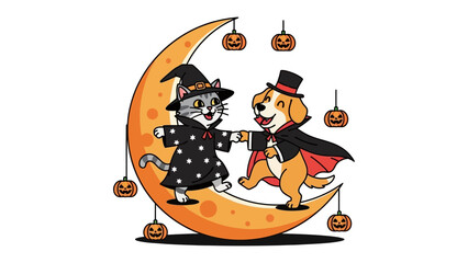 Halloween Duo: A whimsical illustration of a playful dog and cat dressed in Halloween costumes, dancing on a crescent moon, surrounded by decorative pumpkins, exuding festive joy and merriment.