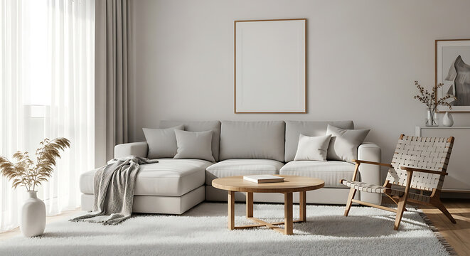 Bright and spacious living room interior with comfortable sofa, wooden coffee table, and stylish decor, creating a cozy and inviting atmosphere for relaxation and socializing in a modern home setting