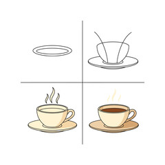 Step by step illustration showing how to draw a cup of coffee with steam and saucer