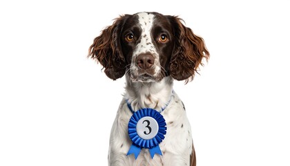 Dog wearing a blue ribbon