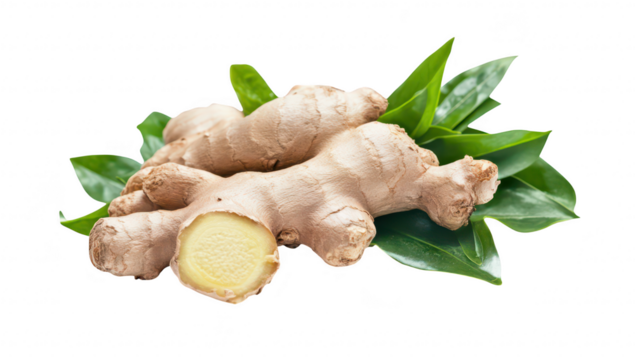 Fresh ginger root with green leaves. its natural texture and color. ideal for culinary uses. health benefits. and organic food presentations - Powered by Adobe