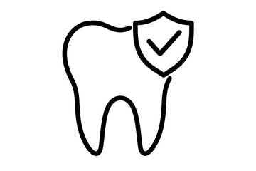 Tooth protection icon with shield and check mark. Vector symbol for dental care, insurance, and oral health. Approved and guaranteed quality. Clean, simple line art design.