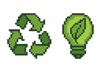 Recycling symbol and eco light bulb with leaf in pixel art style. Vector icon set for green energy, sustainability, ecology. 8-bit retro gaming graphic for environment and waste.