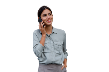Woman smiling and talking on cell phone, having a pleasant conversation, communicating, transparent background