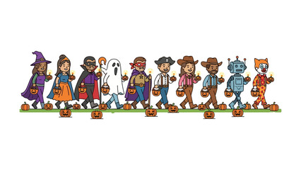 Halloween Costume Parade: A vibrant illustration captures a festive Halloween parade, with a diverse array of costumed characters joyfully trick-or-treating.